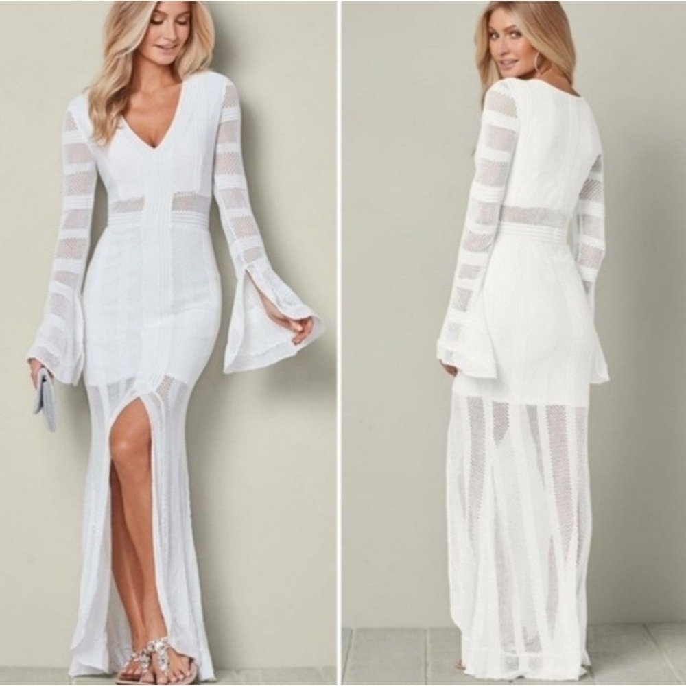 Venus Long White Crochet Knit Sweater Dress With Bell Sleeves